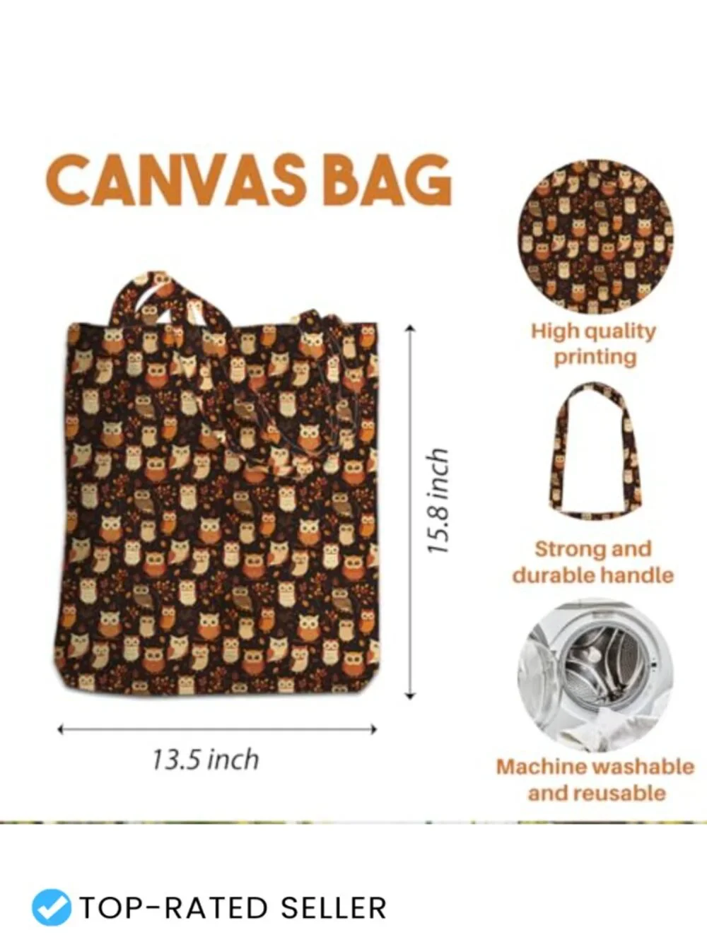 Autumn Owl Canvas Tote Bag Reusable Grocery Beach Bag Fall Thanksgiving
